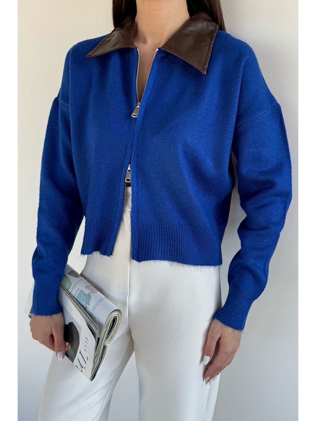 Mavi Kadın Polo Yaka Deri Garnili Fermuarlı Triko Hırka (s-m-l Beden Uyumludur.)-1