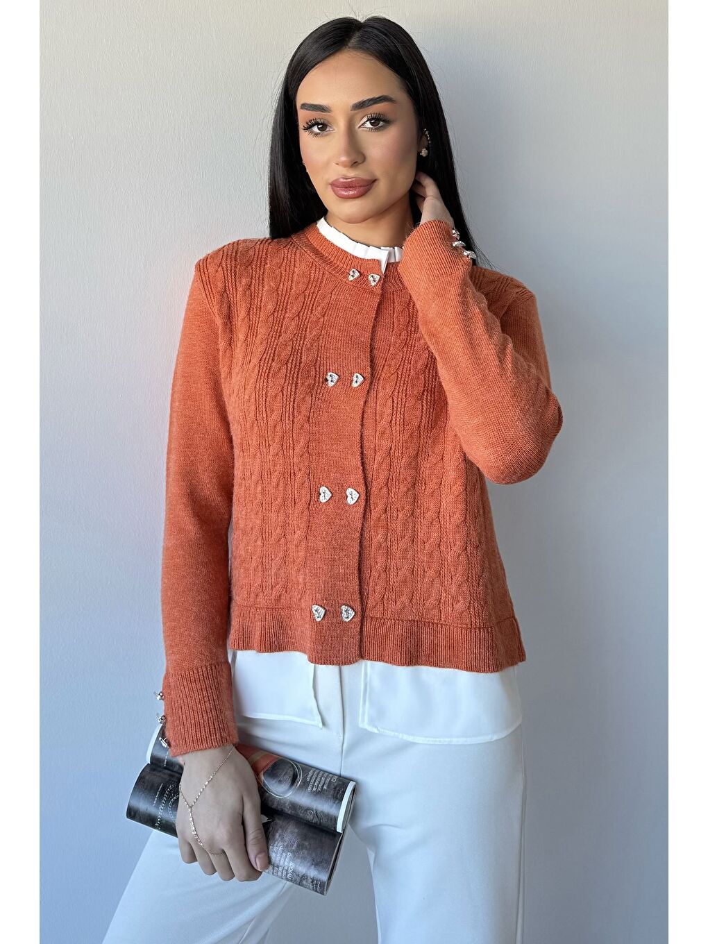 Turuncu Kol Ve Ön Düğmeli Triko Ceket (s,m,l,xl Uyumludur)-1