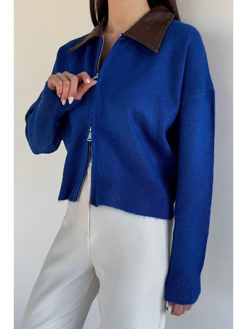 Mavi Kadın Polo Yaka Deri Garnili Fermuarlı Triko Hırka (s-m-l Beden Uyumludur.)-2