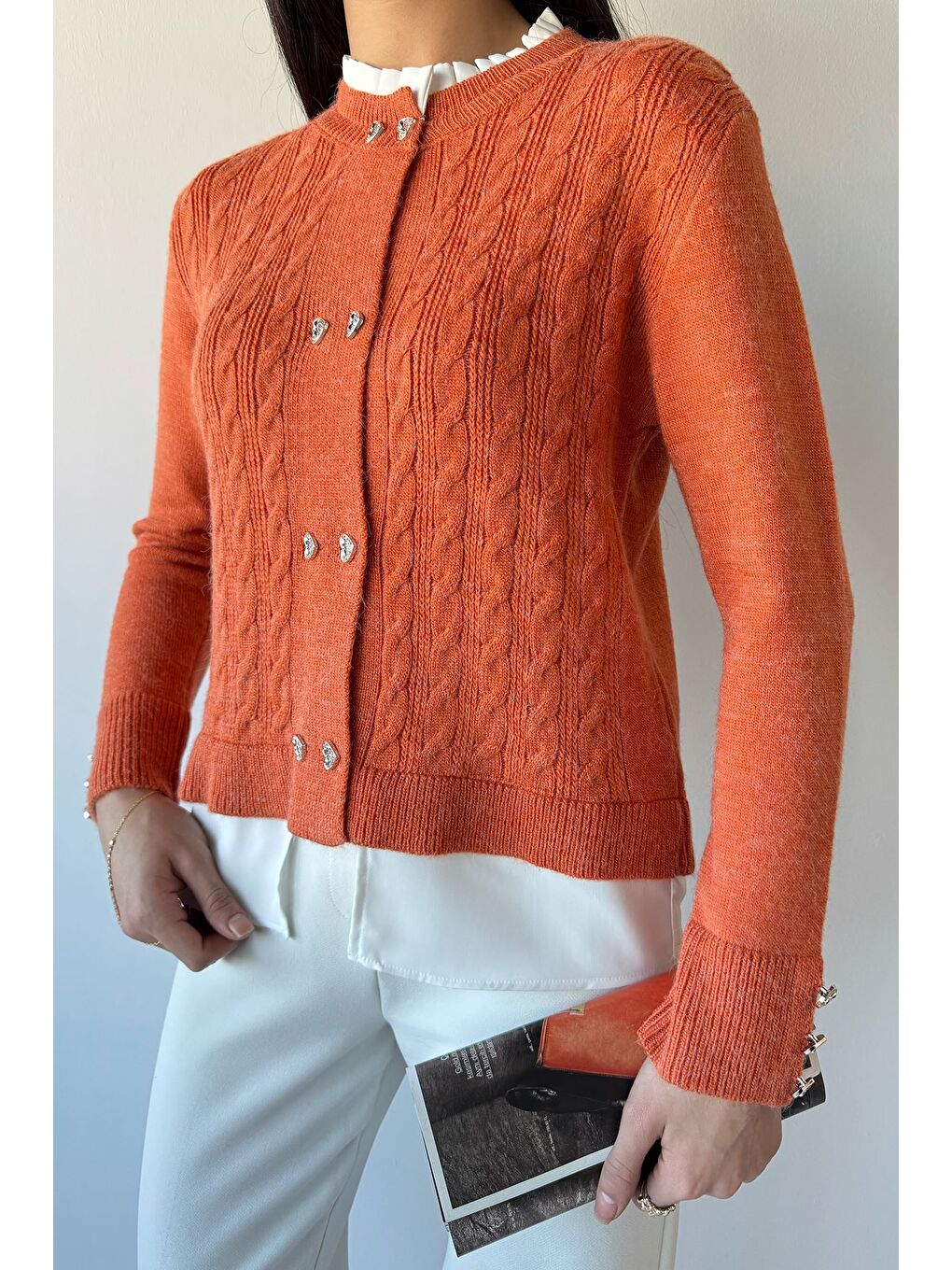 Turuncu Kol Ve Ön Düğmeli Triko Ceket (s,m,l,xl Uyumludur)-2