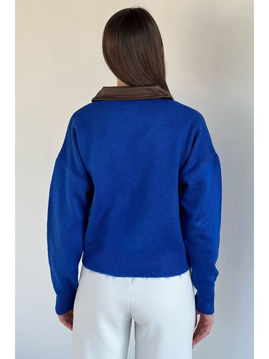 Mavi Kadın Polo Yaka Deri Garnili Fermuarlı Triko Hırka (s-m-l Beden Uyumludur.)-3