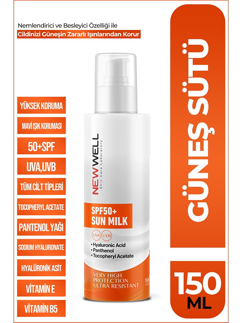 New Well Beyaz Güneş Sütü Yüksek Koruma SPF50+ Hyaluronic Acid 150 ml