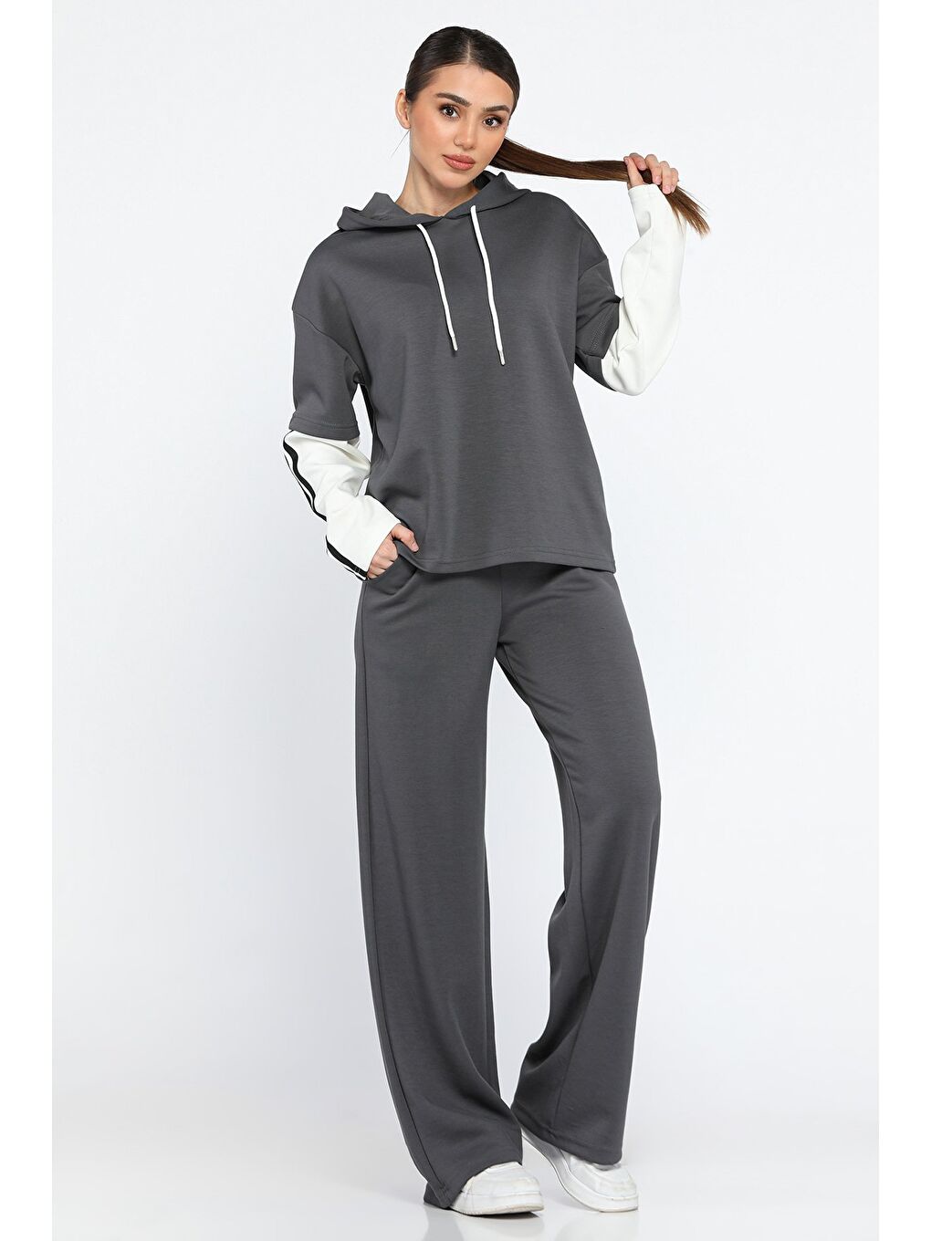 Antrasit Kadın Kapüşonlu Renk Garnili Eşofman Takımı-1