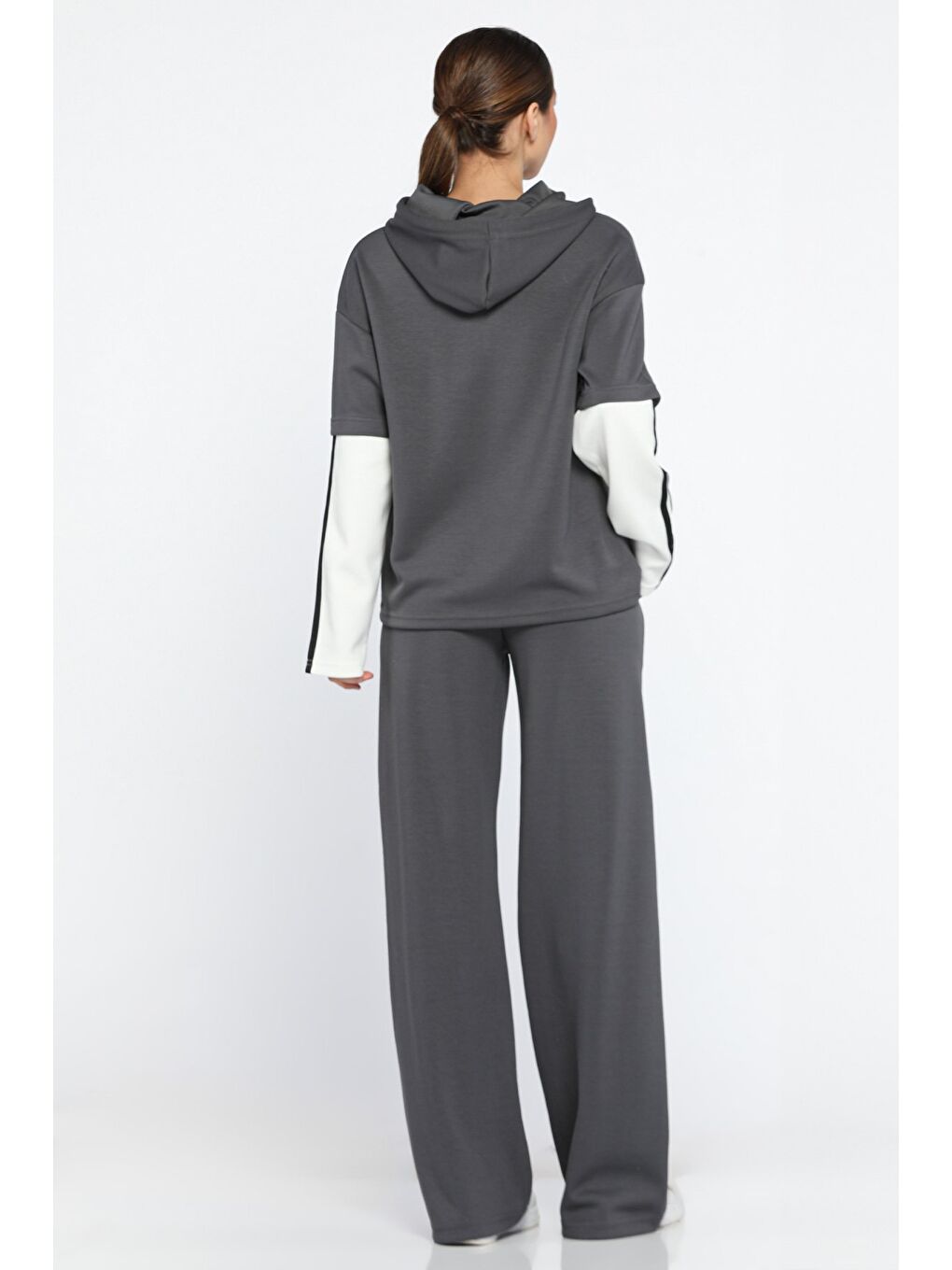 Antrasit Kadın Kapüşonlu Renk Garnili Eşofman Takımı-2