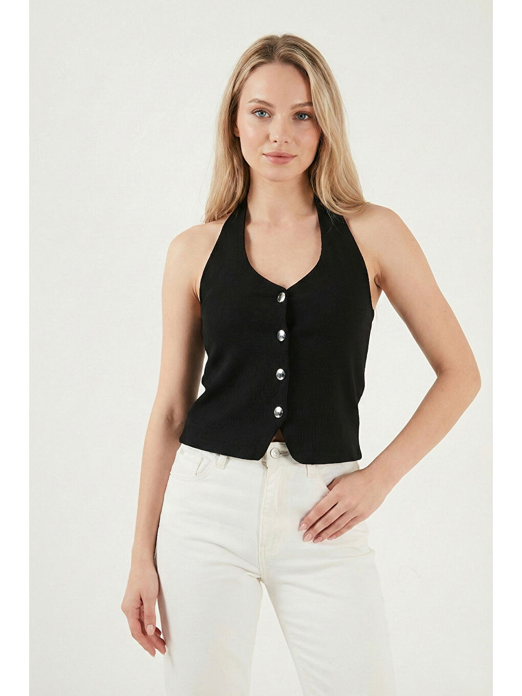 Siyah Fitilli Fitted Fit Halter Yaka Sırt Dekolteli Kadın Yelek 5866515-3