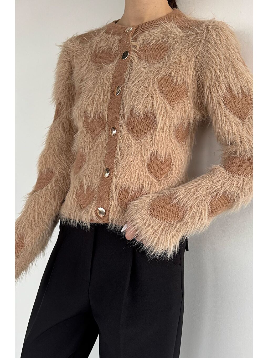 Bej Kadın Ön Düğmeli Sakallı Triko Ceket (s-m-l Uyumludur)-1