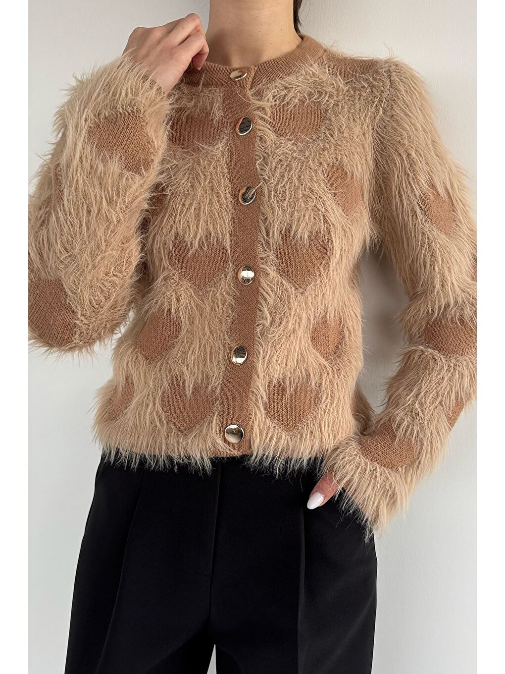 Bej Kadın Ön Düğmeli Sakallı Triko Ceket (s-m-l Uyumludur)-2