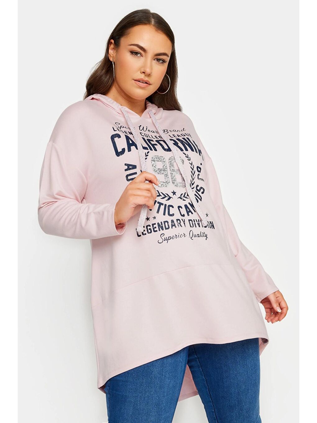 Stil Diva Pudra Büyük Beden Uzun Kollu Arkası Uzun Baskılı Kapüşonlu Sweatshirt 301954