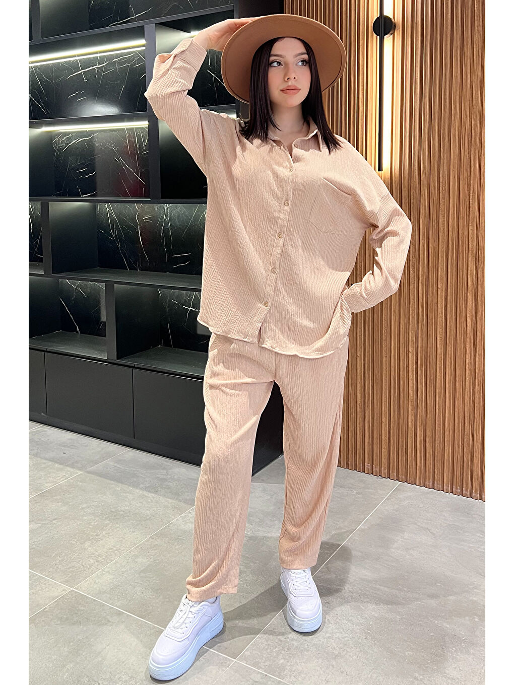 Bej Kadın Gömlek Pantolon Bürümcük İkili Takım