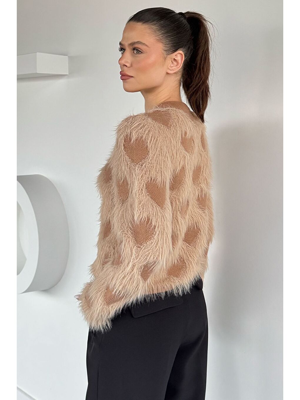 Bej Kadın Ön Düğmeli Sakallı Triko Ceket (s-m-l Uyumludur)-3