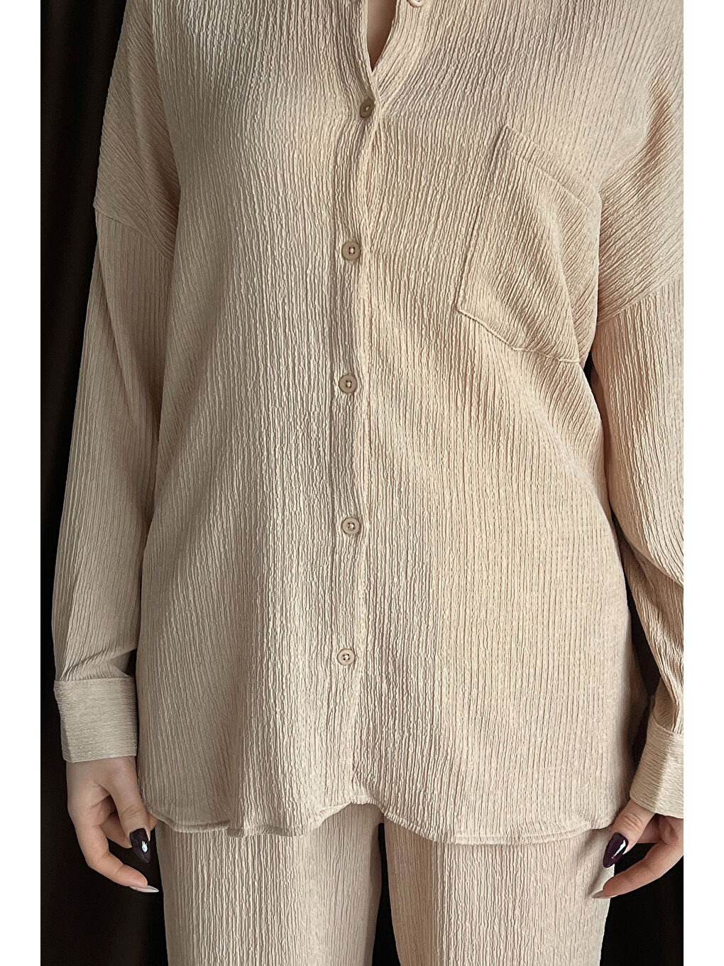 Bej Kadın Gömlek Pantolon Bürümcük İkili Takım-2