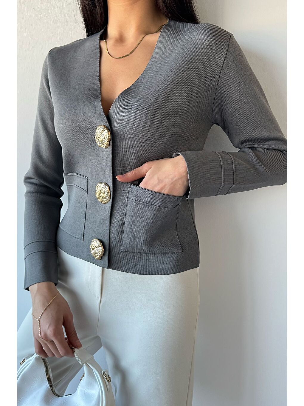 Gri Çift Cepli Düğmeli Triko Ceket (s,m,l Uyumludur)-2