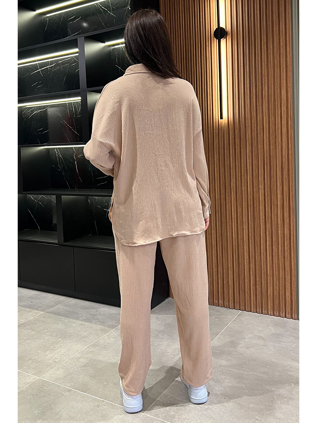 Bej Kadın Gömlek Pantolon Bürümcük İkili Takım-3