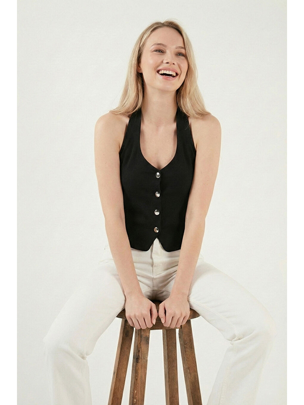 Siyah Fitilli Fitted Fit Halter Yaka Sırt Dekolteli Kadın Yelek 5866515-4