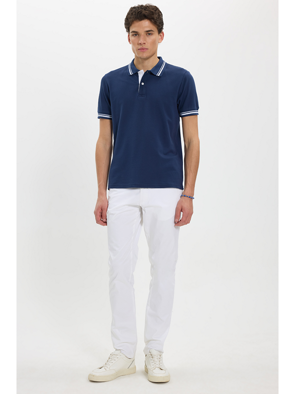 Erkek Slim Fit Dar Kesim %100 Pamuk Düz Pike Yaka Ve Kol Detaylı Lacivert Polo Yaka Tişört-1