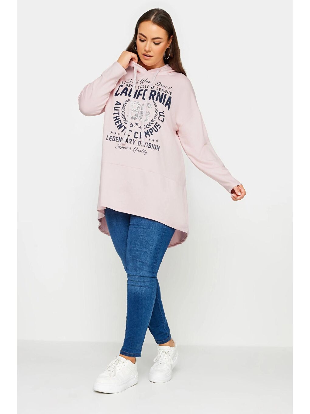 Stil Diva Pudra Büyük Beden Uzun Kollu Arkası Uzun Baskılı Kapüşonlu Sweatshirt 301954 - 1