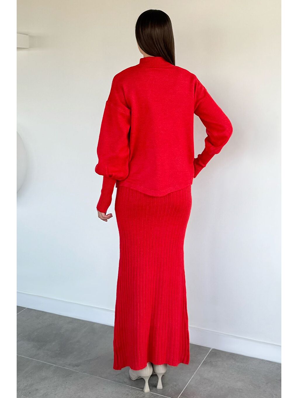 Kırmızı Kadın Yarım Balıkçı Yaka Nakışlı Triko Bluz Elbise İkili Takım-3