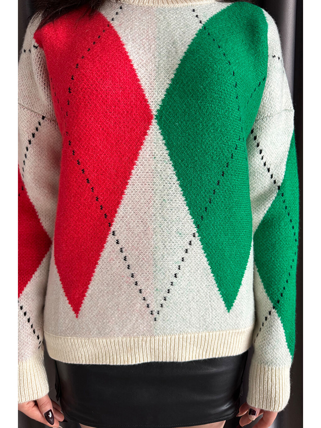 Ekru Desenli Kadın Bisiklet Yaka Triko Kazak-2