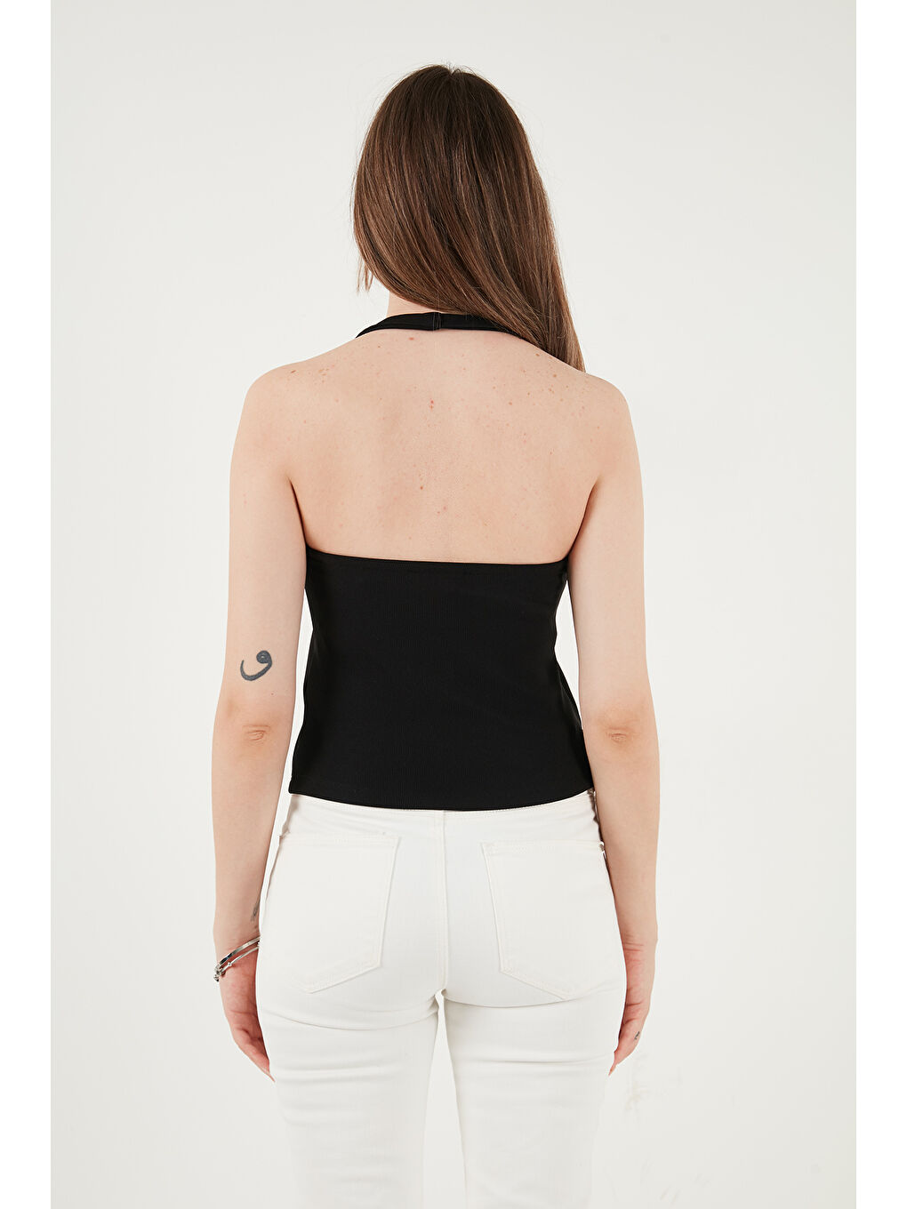 Siyah Fitilli Fitted Fit Halter Yaka Sırt Dekolteli Kadın Yelek 5866515-6