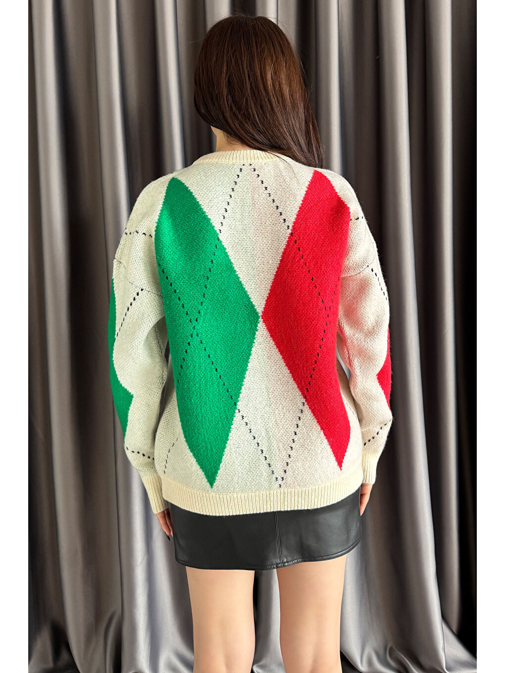 Ekru Desenli Kadın Bisiklet Yaka Triko Kazak-3