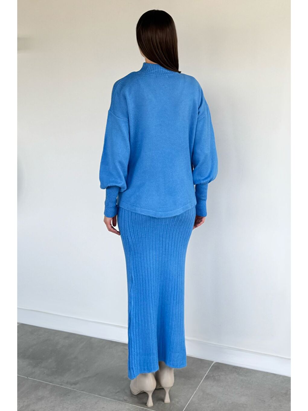 Mavi Kadın Yarım Balıkçı Yaka Nakışlı Triko Bluz Elbise İkili Takım-3