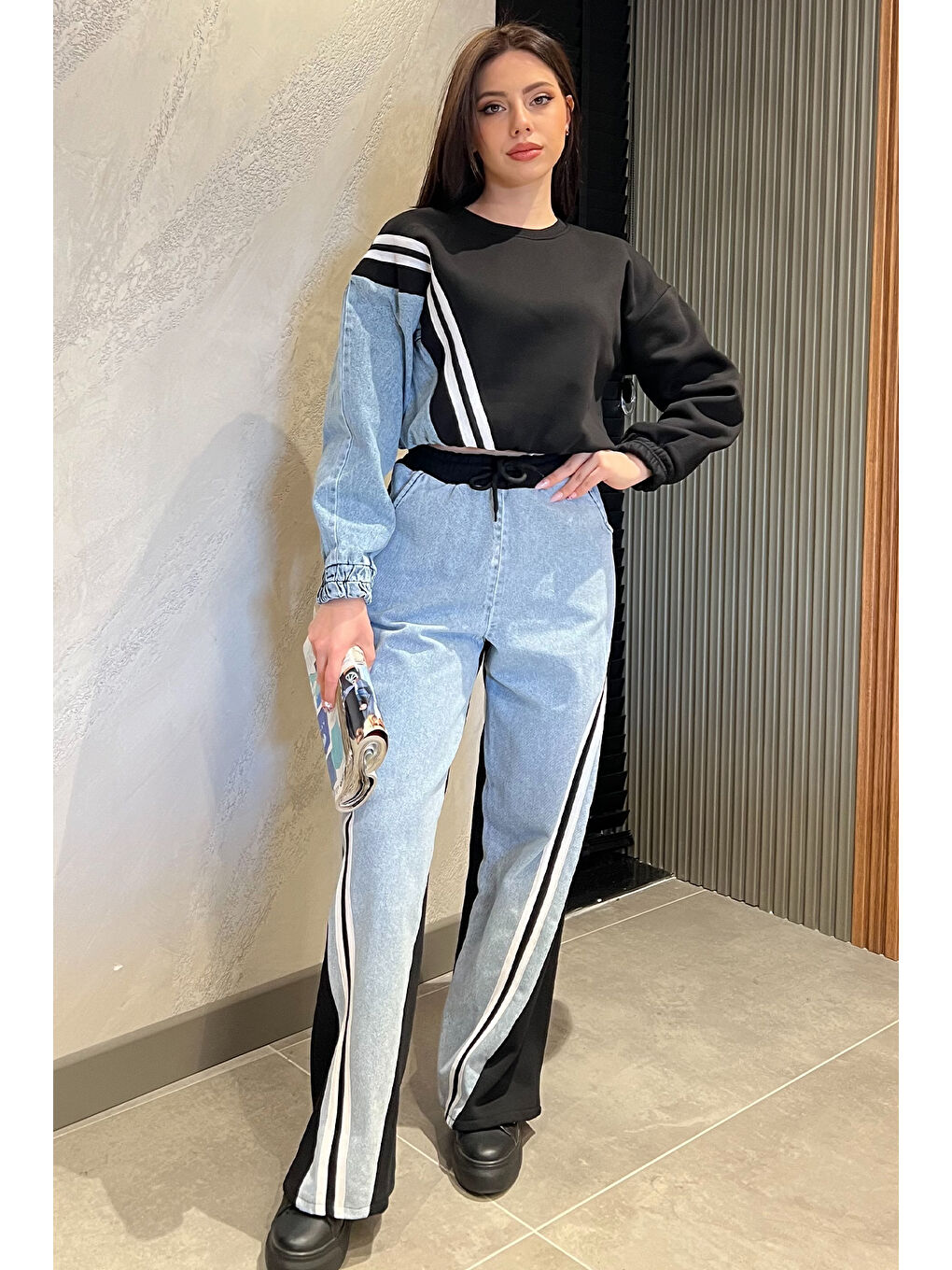 Siyah Kadın Jean Garnili Şardonlu Sweat Pantolon İkili Takım-1