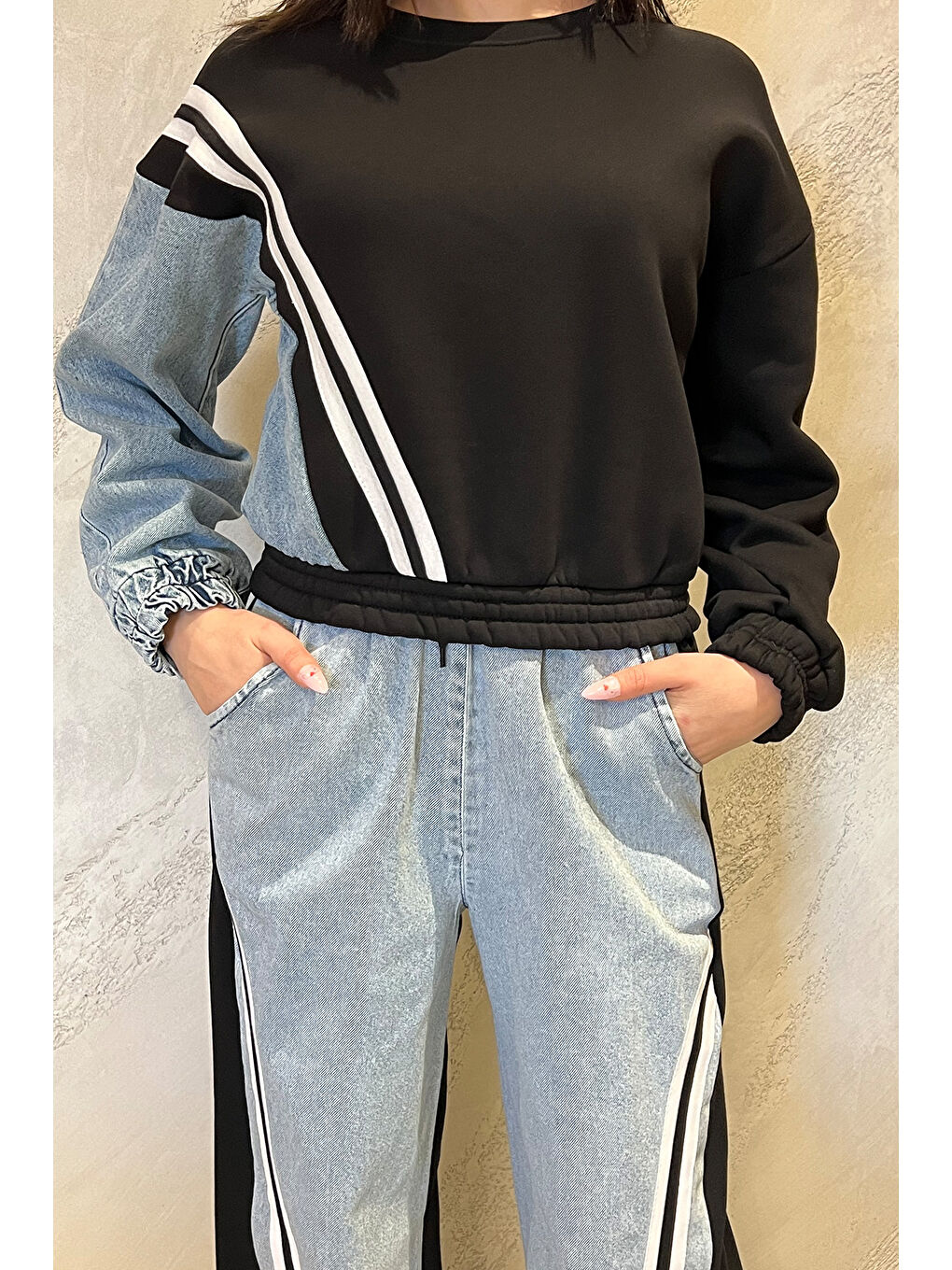 Siyah Kadın Jean Garnili Şardonlu Sweat Pantolon İkili Takım-2