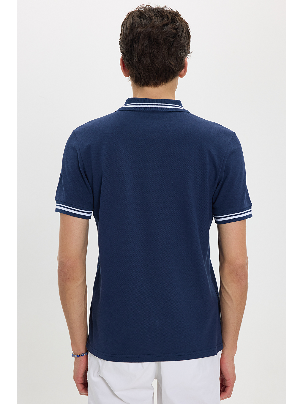 Erkek Slim Fit Dar Kesim %100 Pamuk Düz Pike Yaka Ve Kol Detaylı Lacivert Polo Yaka Tişört-7