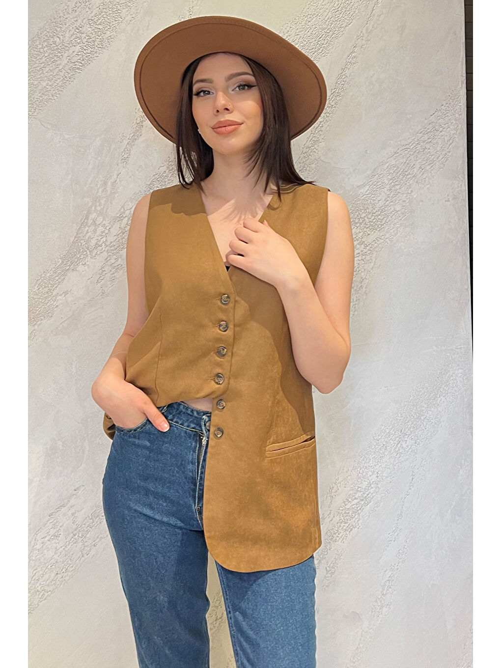 Kahverengi Kadın Kruvaze Yaka Astarlı Yelek-1