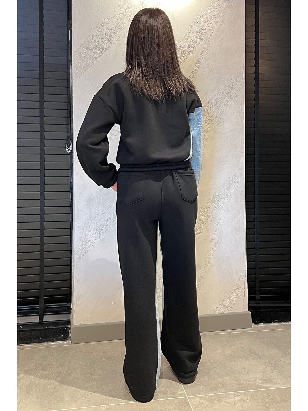 Siyah Kadın Jean Garnili Şardonlu Sweat Pantolon İkili Takım-3