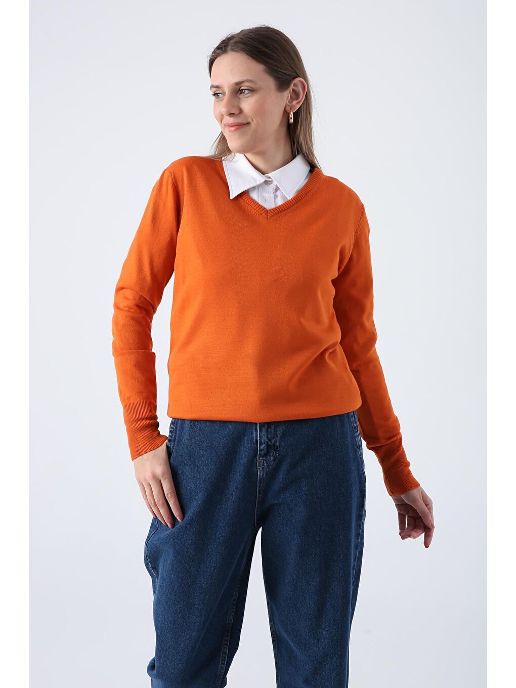 Turuncu V Yaka Triko Kazak-4