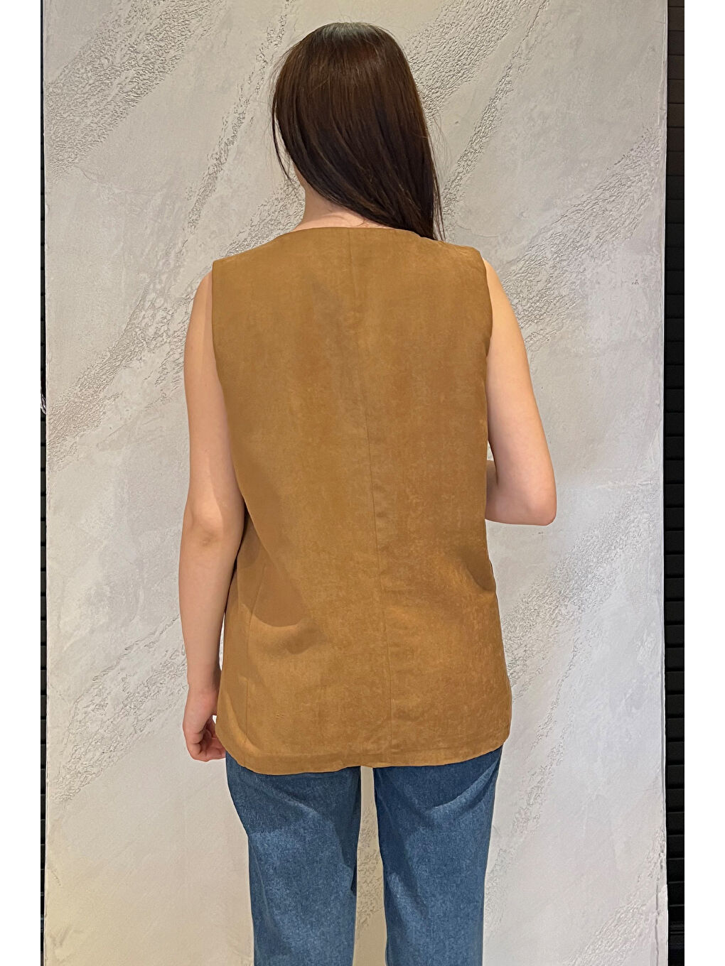 Kahverengi Kadın Kruvaze Yaka Astarlı Yelek-3