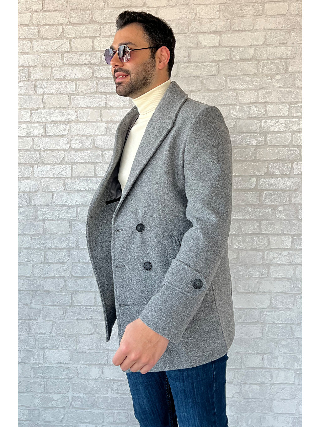 Gri Kruvaze Yaka Erkek Kaşe Kaban