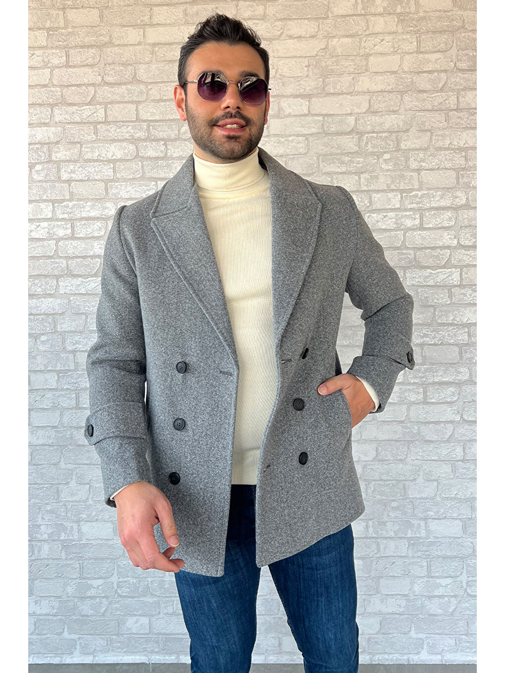 Gri Kruvaze Yaka Erkek Kaşe Kaban-1