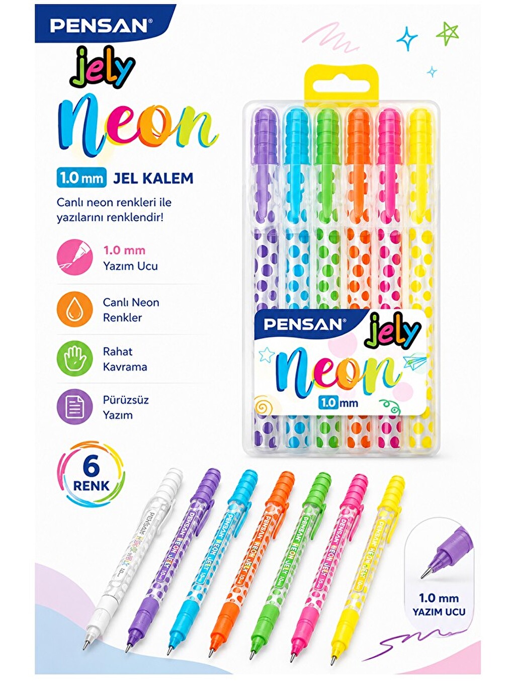 Neon Jely 6 Lı Jel Kalem 1 Paket Pensan 6 Renk 1.0 Mm Neon Tükenmez Kalem Renkli İşaretleme Yazı Kal