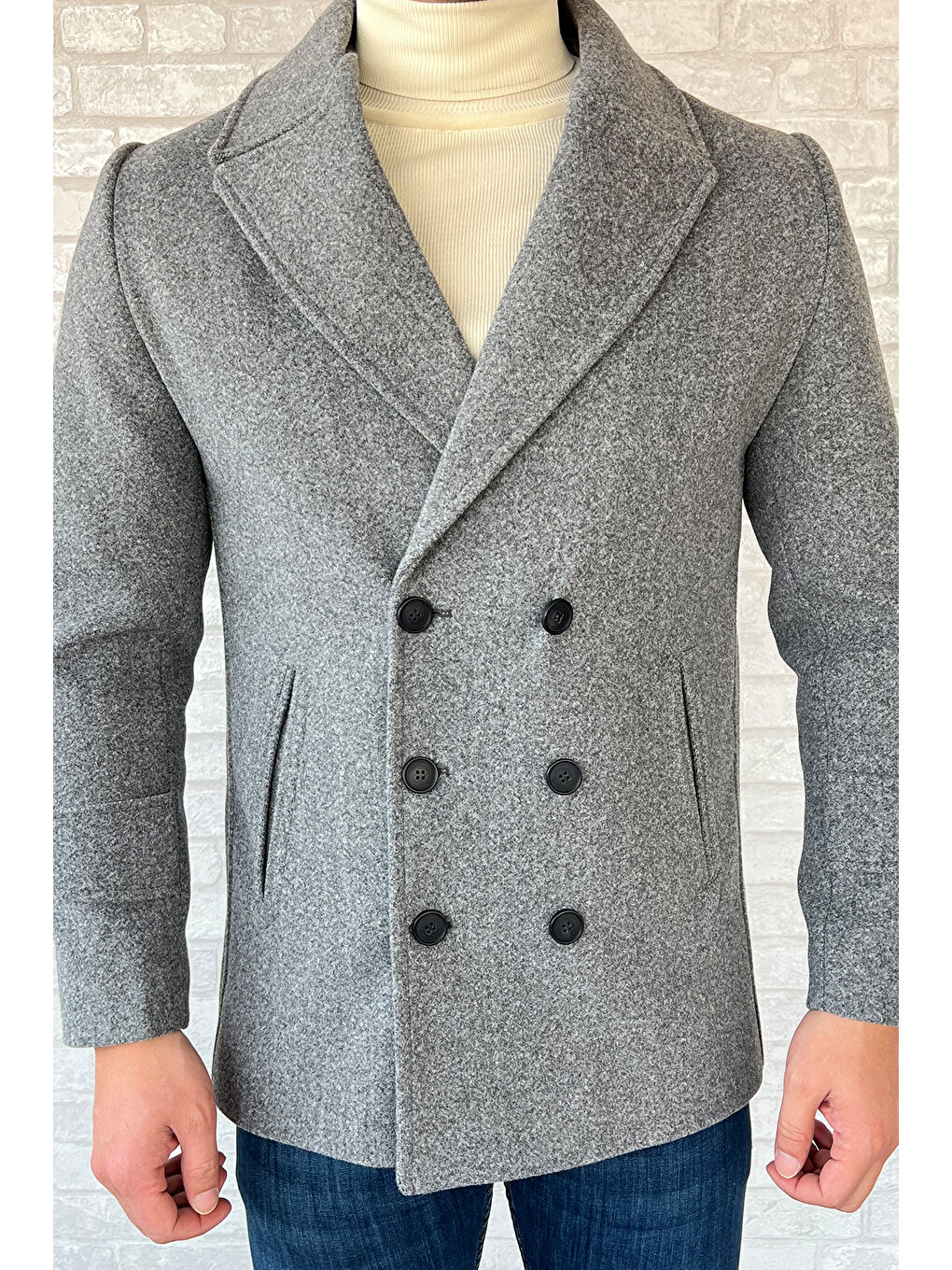 Gri Kruvaze Yaka Erkek Kaşe Kaban-3