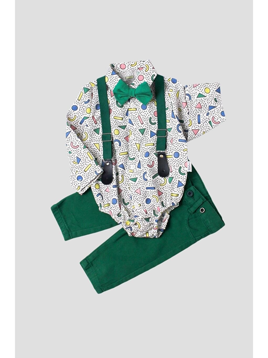 Yeşil Bebek Takımı Zıbınlı Gömlek Pantolon Papyon Ve Salopet Ayarlana Bilir %100 Pamuklu