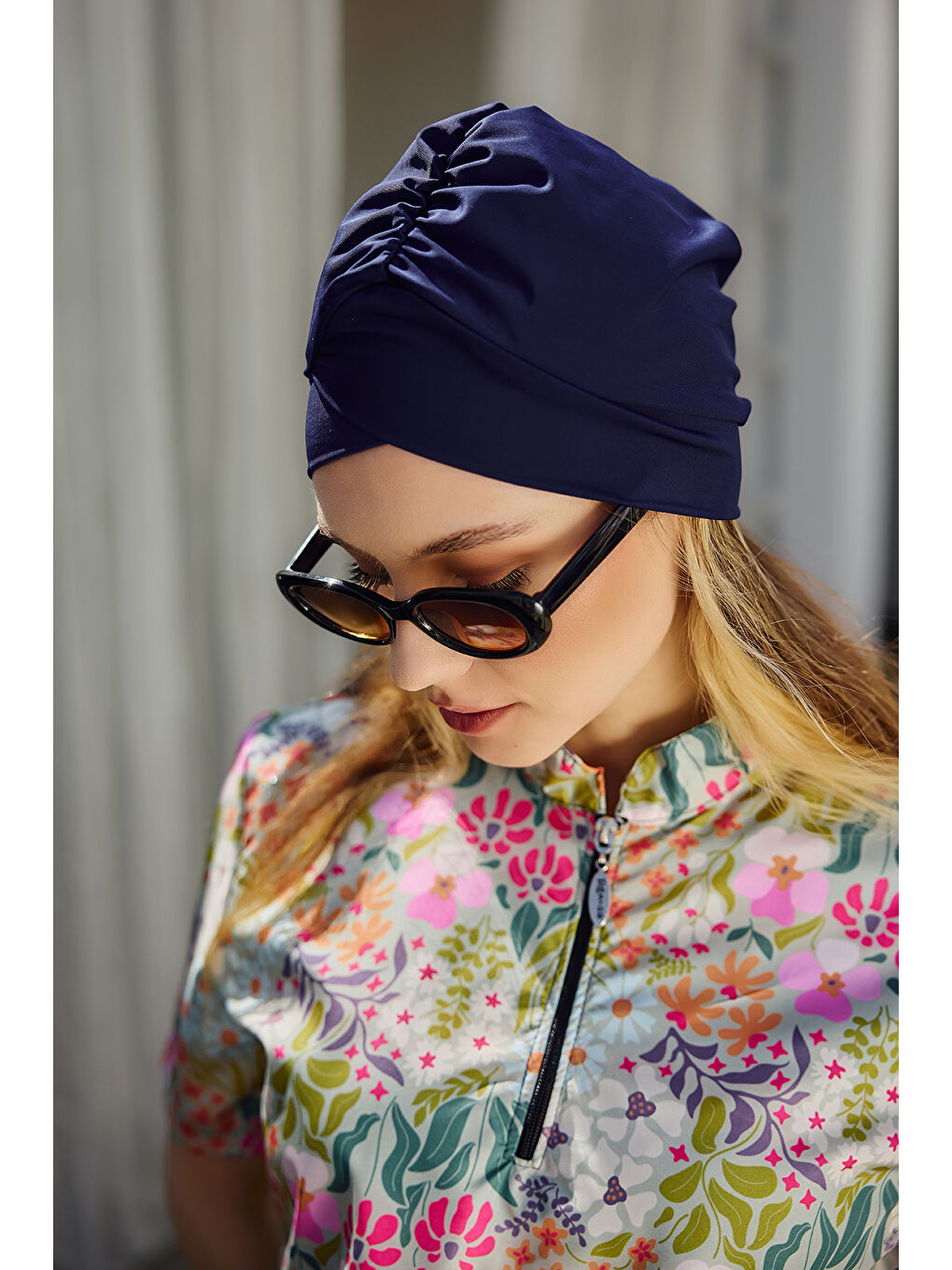 Önü Kapaklı Kısa Kollu Yarı Kapalı Tesettür Mayo Lacivert R5300 Patara-3