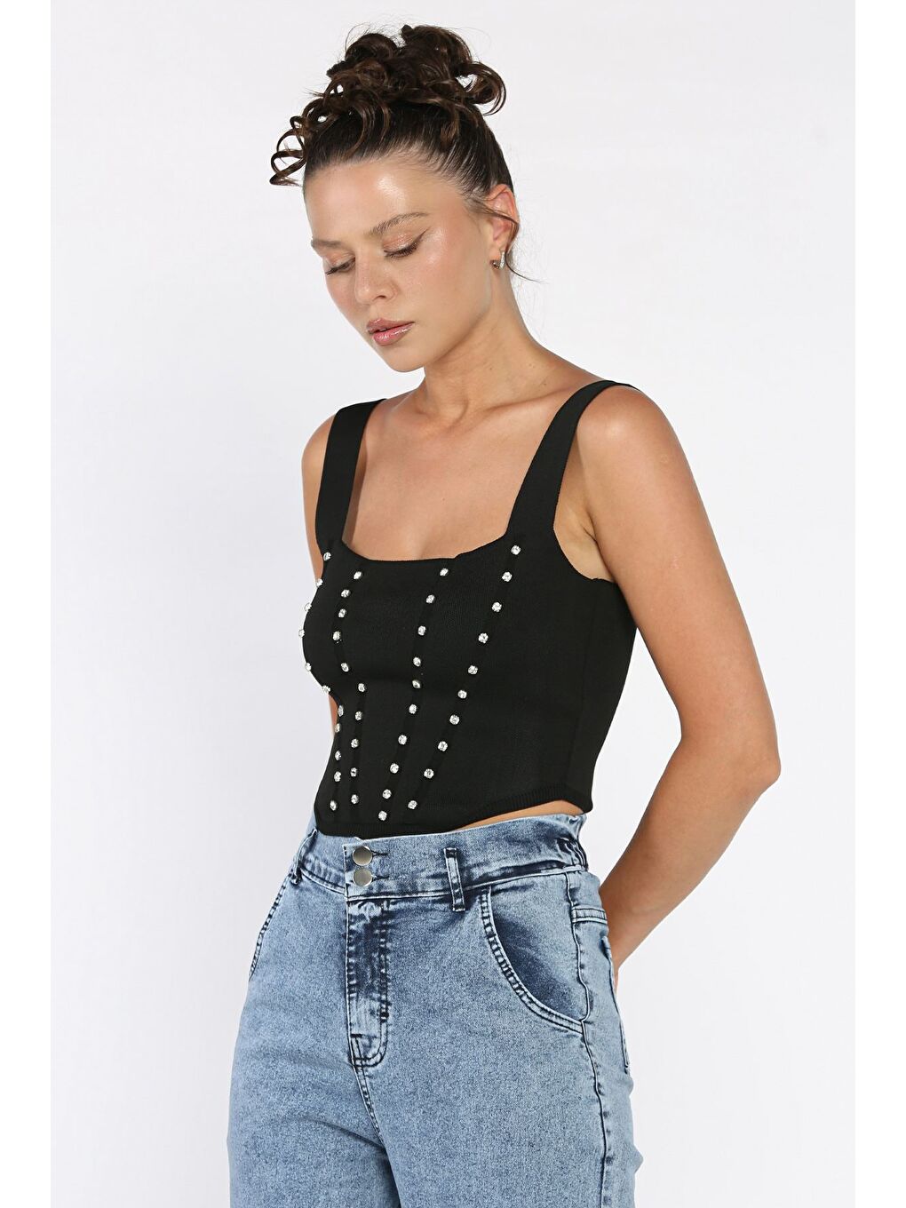 Siyah Kadın Kare Yaka Mevsimlik Crop Triko Bluz-1