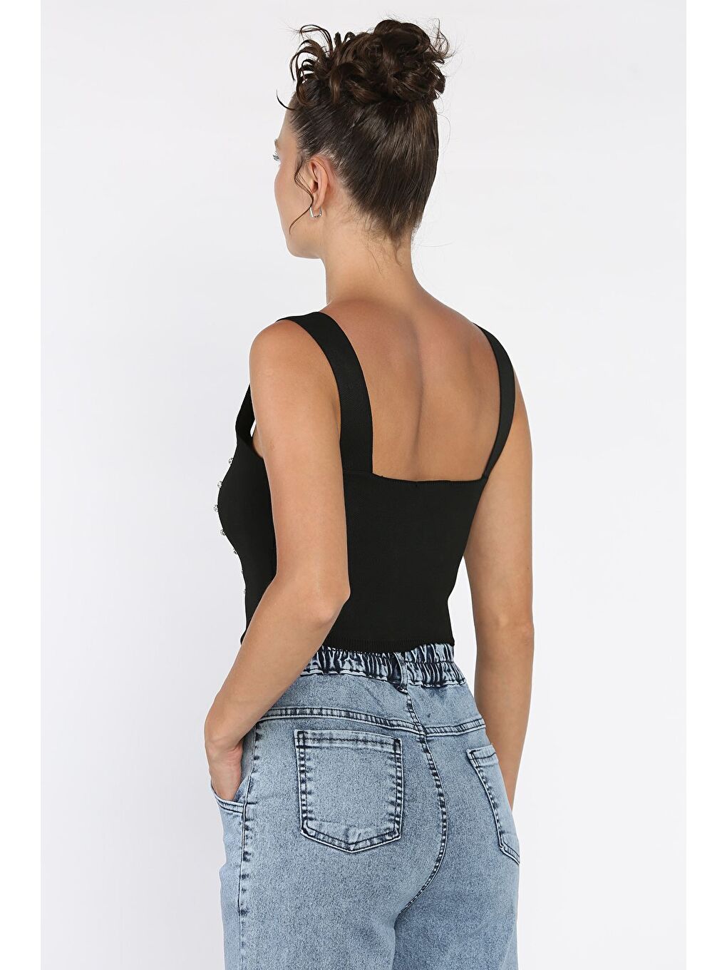 Siyah Kadın Kare Yaka Mevsimlik Crop Triko Bluz-2