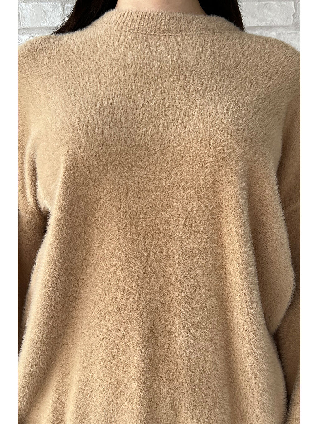 Bej Bisiklet Yaka Kadın Sakallı Triko Kazak-2