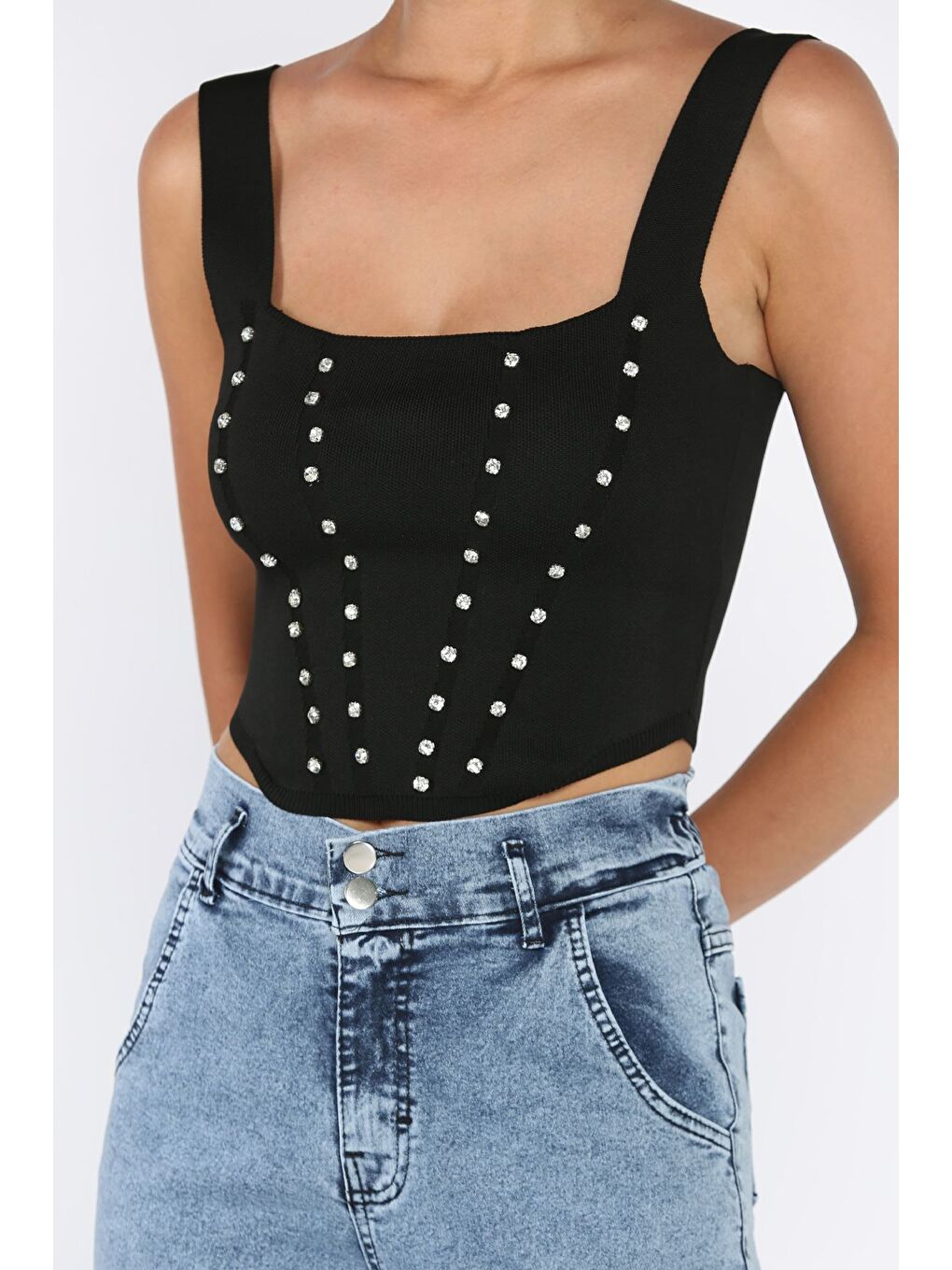 Siyah Kadın Kare Yaka Mevsimlik Crop Triko Bluz-3