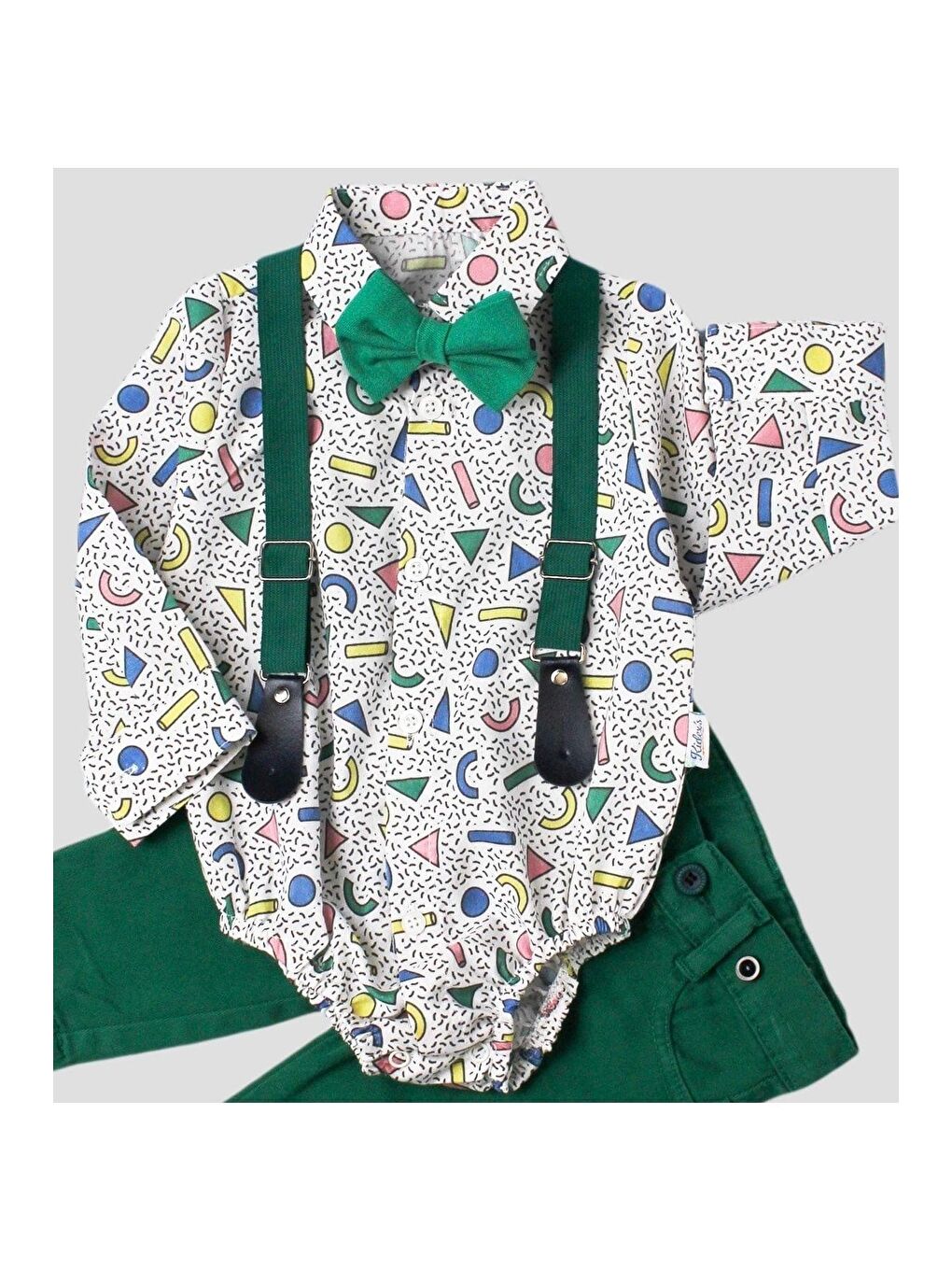 Yeşil Bebek Takımı Zıbınlı Gömlek Pantolon Papyon Ve Salopet Ayarlana Bilir %100 Pamuklu-1