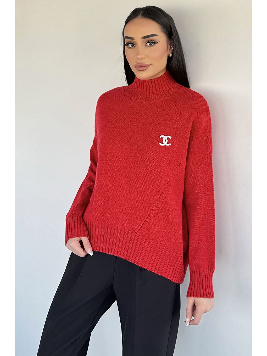 Kırmızı Kadın Yarım Balıkçı Yaka Salaş Triko Bluz