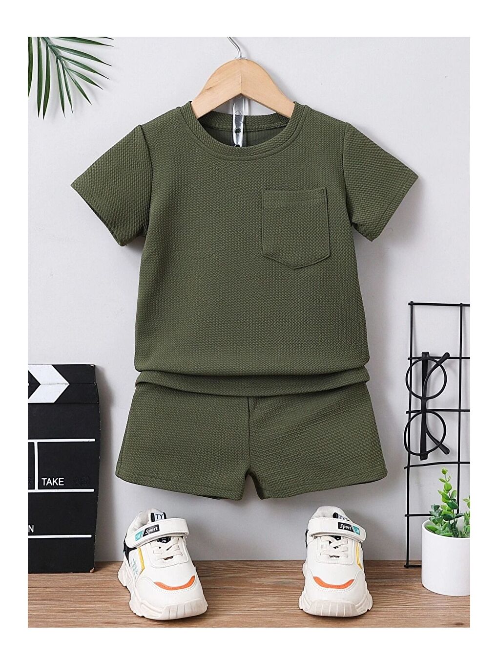 Haki Düz Renk Pamuk Waffle Kumaş Yazlık Cep Detaylı 2 li Takım