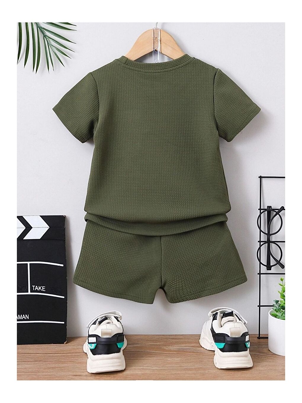 Haki Düz Renk Pamuk Waffle Kumaş Yazlık Cep Detaylı 2 li Takım-1