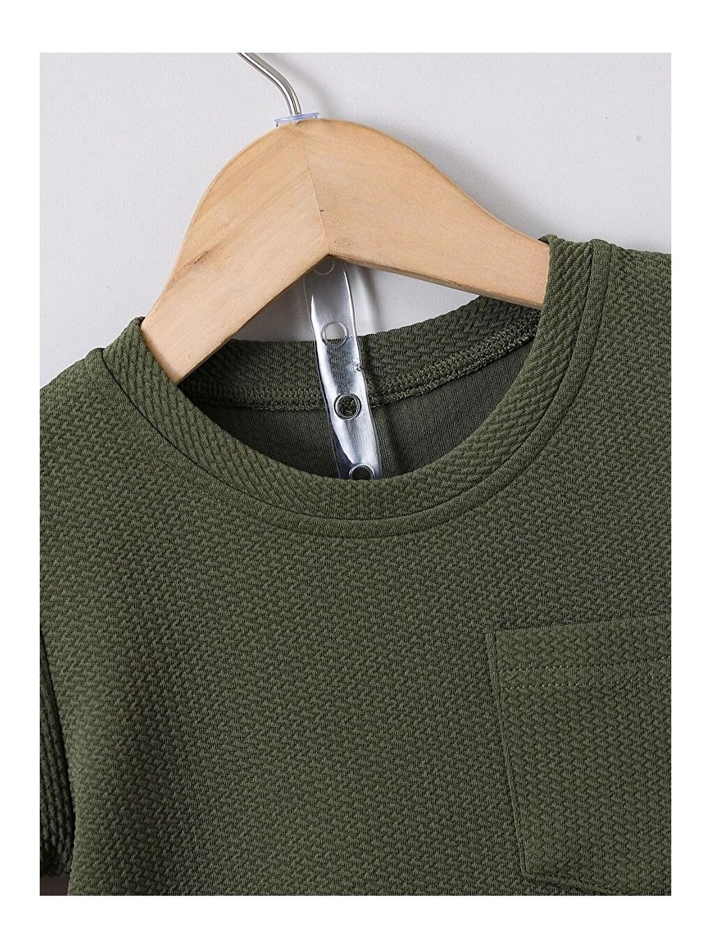 Haki Düz Renk Pamuk Waffle Kumaş Yazlık Cep Detaylı 2 li Takım-2