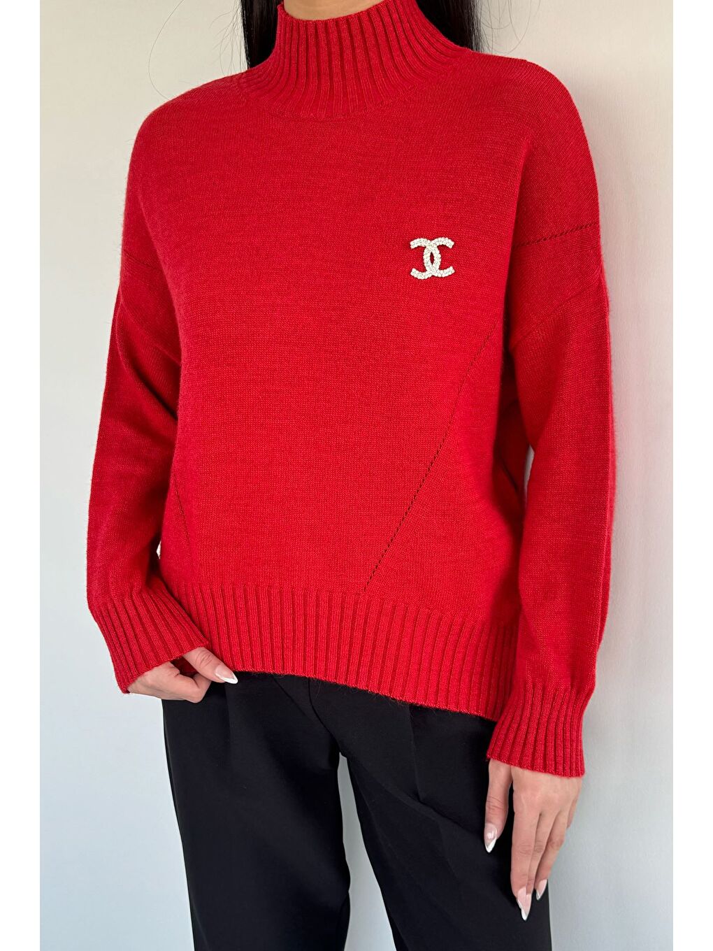 Kırmızı Kadın Yarım Balıkçı Yaka Salaş Triko Bluz-1