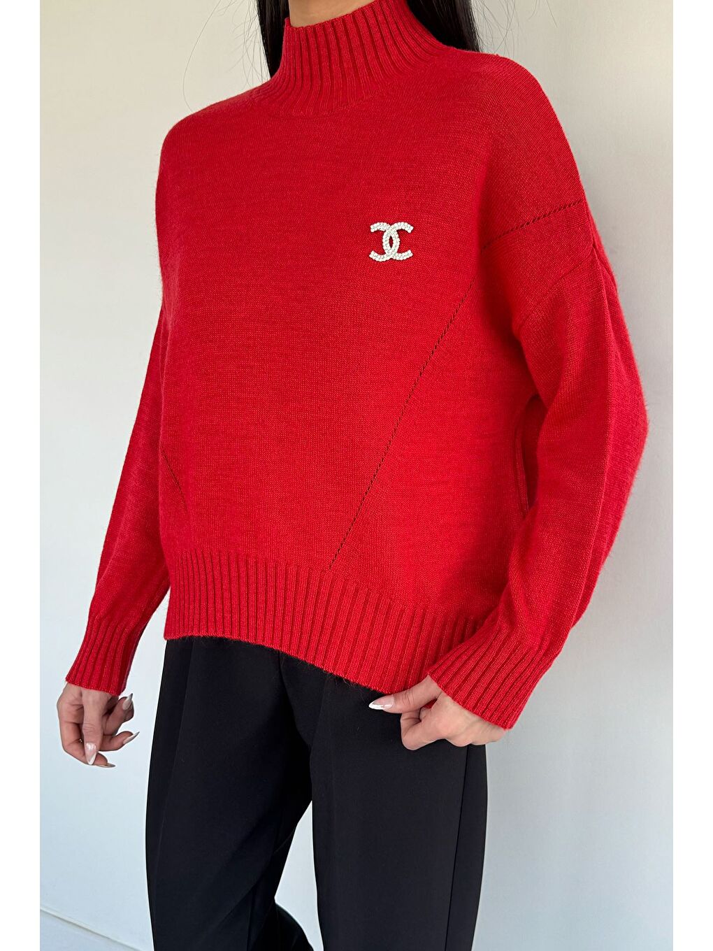 Kırmızı Kadın Yarım Balıkçı Yaka Salaş Triko Bluz-2