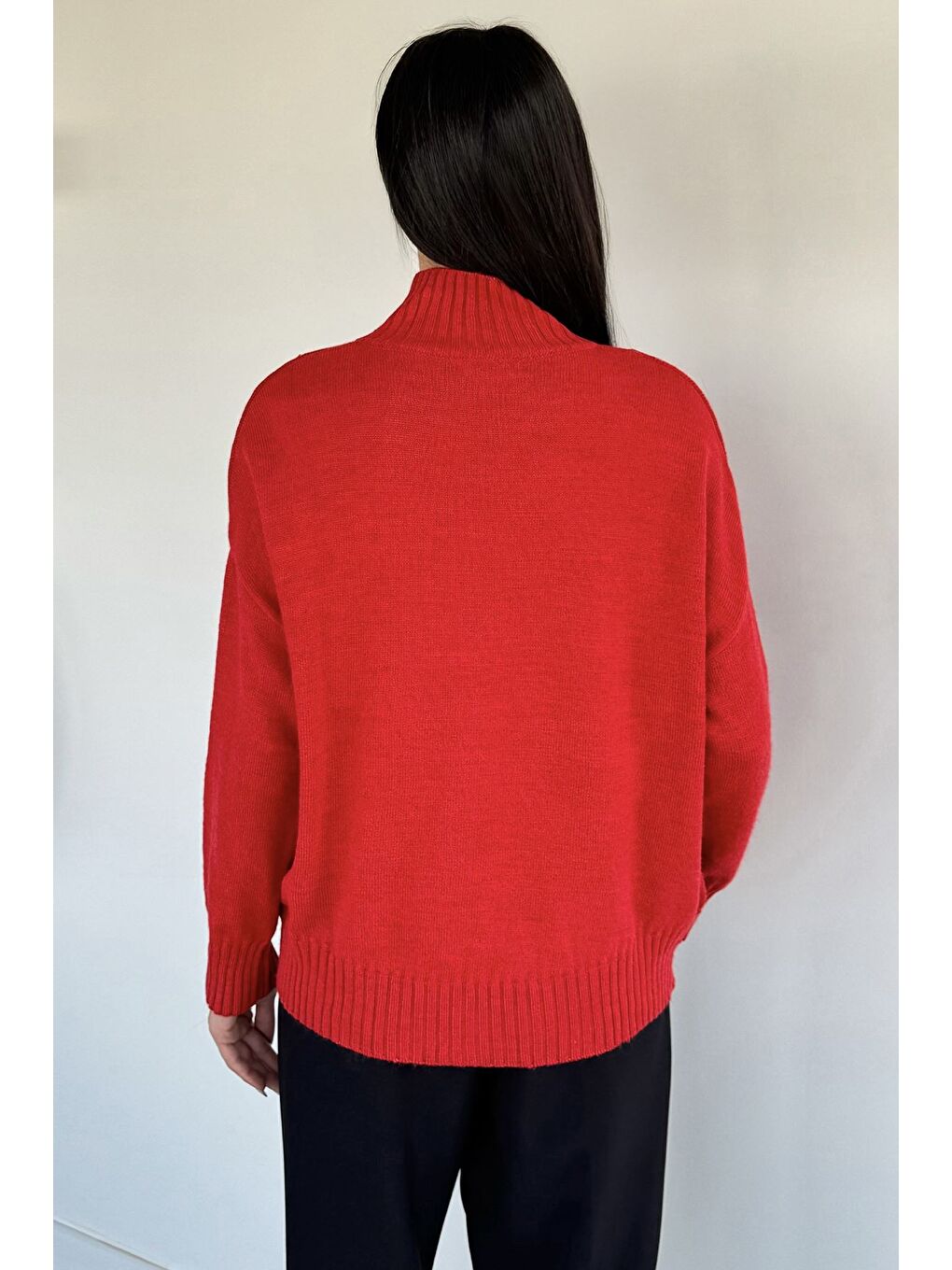 Kırmızı Kadın Yarım Balıkçı Yaka Salaş Triko Bluz-3